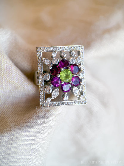 Vintage Floral Sterling Silver Ring, Statement Boho Purple Gemstone Jewelry