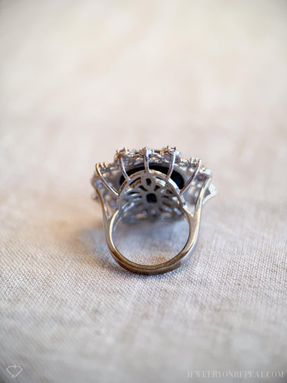 Vintage Sterling Silver Onyx Halo Ring, Boho Statement Jewelry