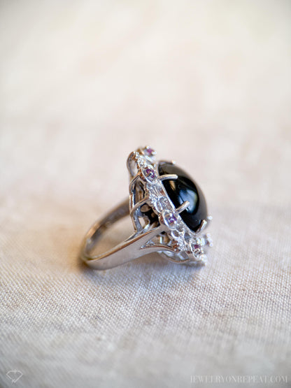 Vintage Sterling Silver Onyx Halo Ring, Boho Statement Jewelry