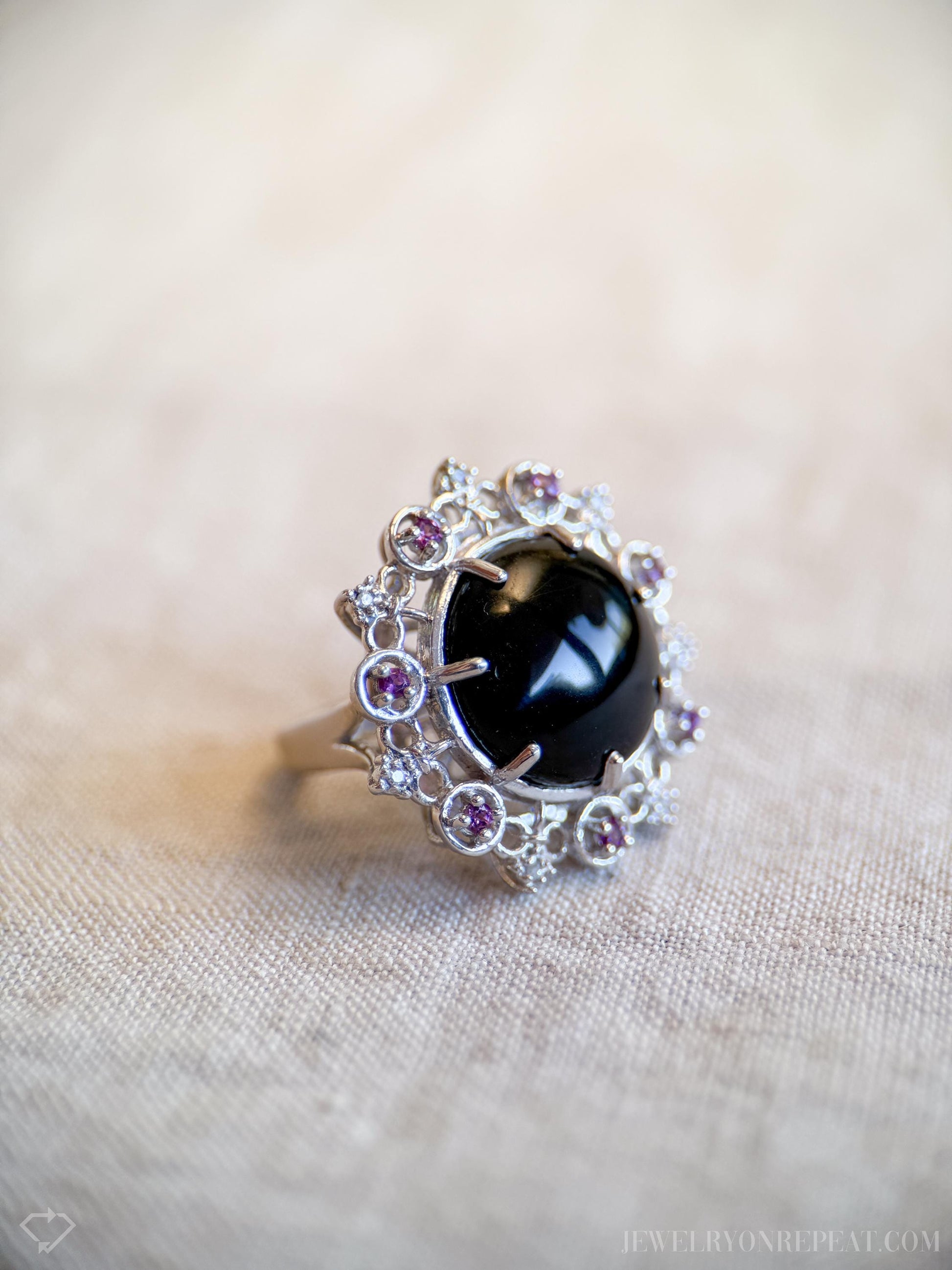 Vintage Sterling Silver Onyx Halo Ring, Boho Statement Jewelry