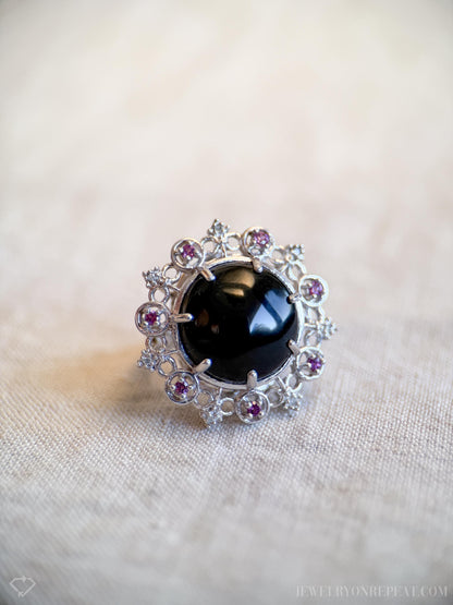 Vintage Sterling Silver Onyx Halo Ring, Boho Statement Jewelry