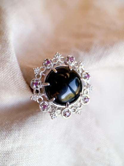 Vintage Sterling Silver Onyx Halo Ring, Boho Statement Jewelry