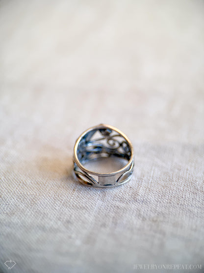 Vintage Sterling Silver Floral Scroll Band, Southwestern Inlay Ring, Boho Statement Jewelry