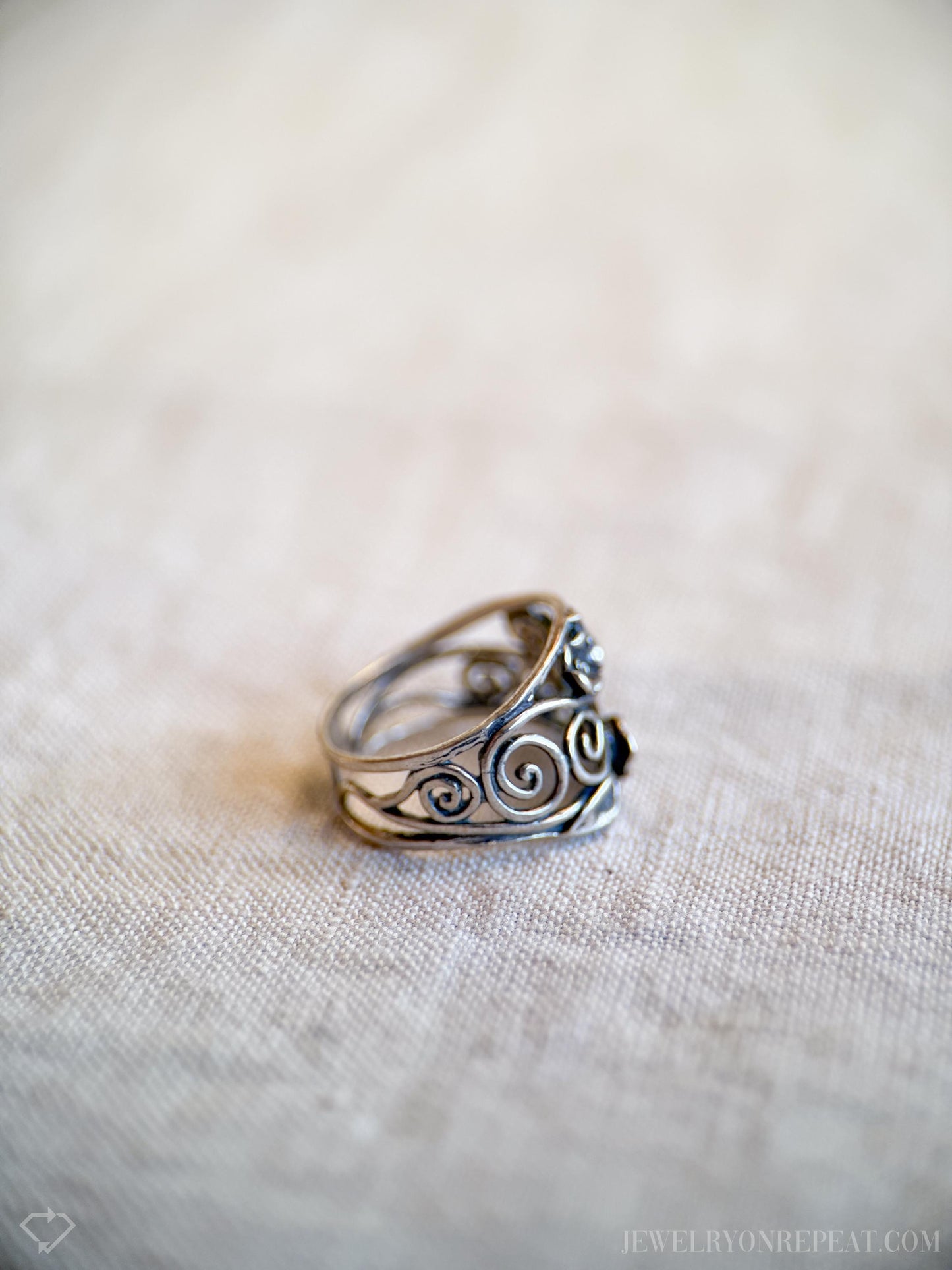 Vintage Sterling Silver Floral Scroll Band, Southwestern Inlay Ring, Boho Statement Jewelry
