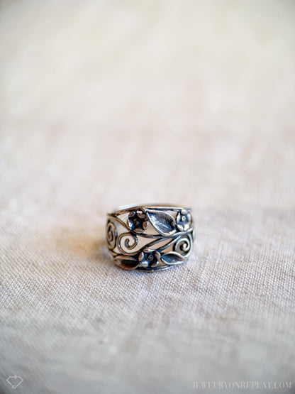 Vintage Sterling Silver Floral Scroll Band, Southwestern Inlay Ring, Boho Statement Jewelry