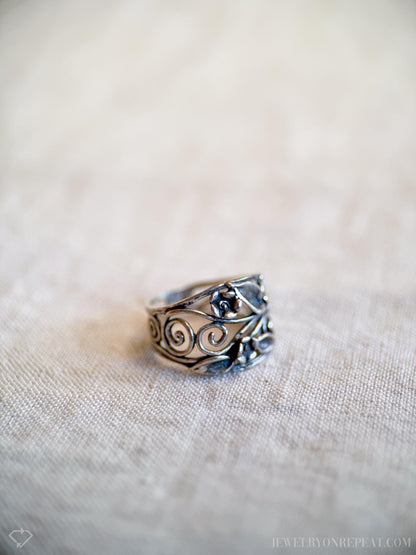 Vintage Sterling Silver Floral Scroll Band, Southwestern Inlay Ring, Boho Statement Jewelry