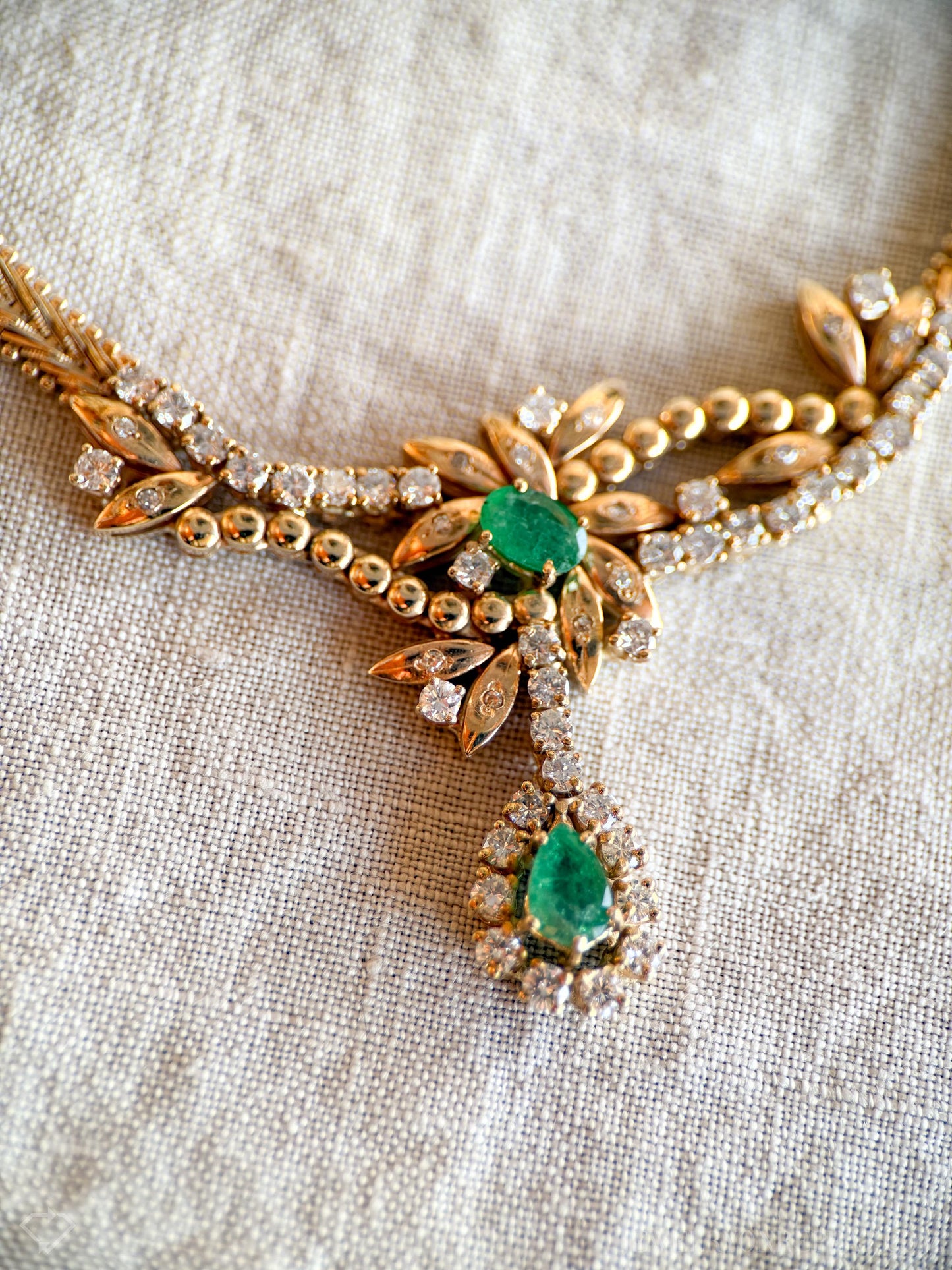 Vintage Emerald and Diamond Necklace in 14k Gold