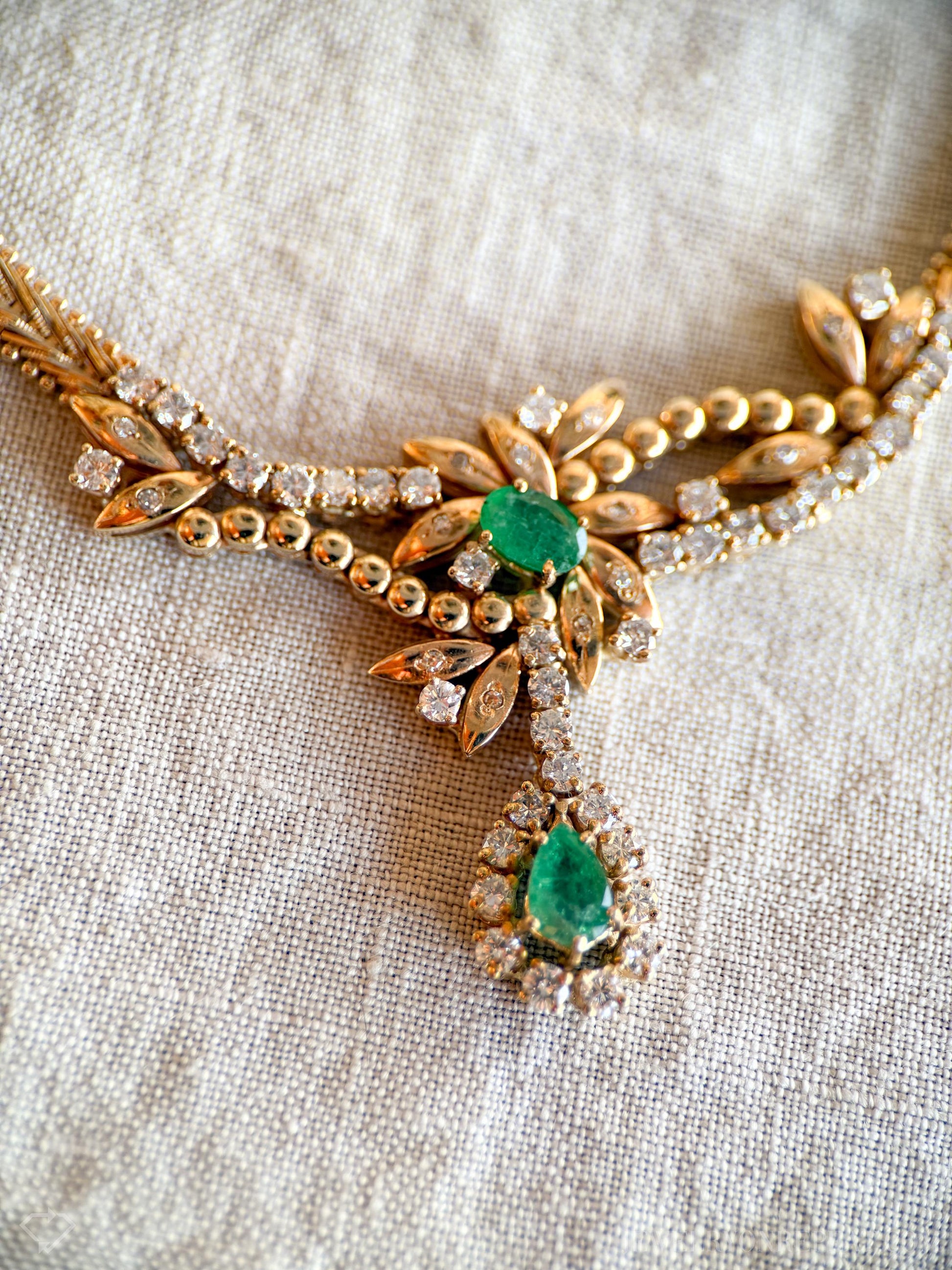 Vintage Emerald and Diamond Necklace in 14k Gold