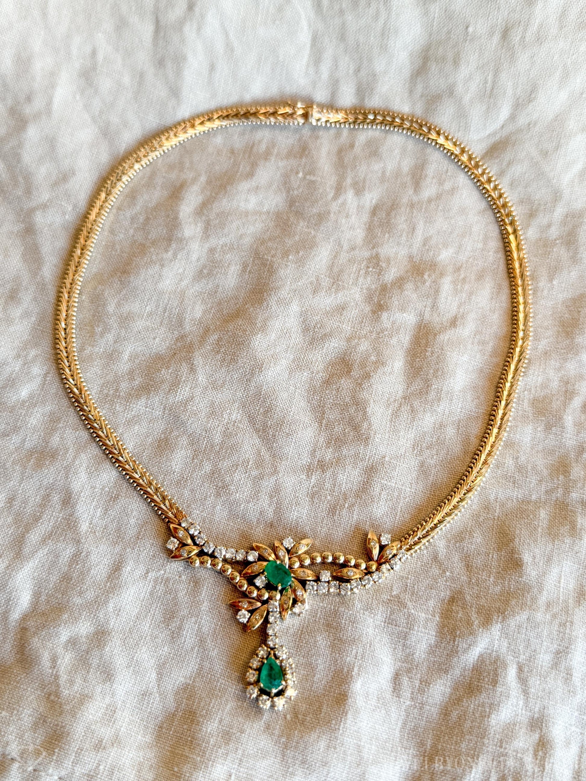 Vintage Emerald and Diamond Necklace in 14k Gold