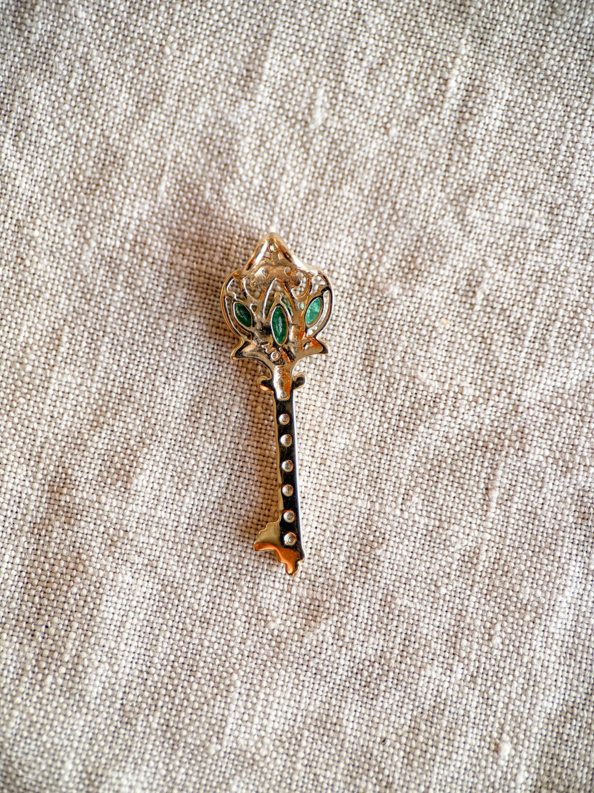 Vintage Skeleton Key Gemstone Pendant in 10k Gold