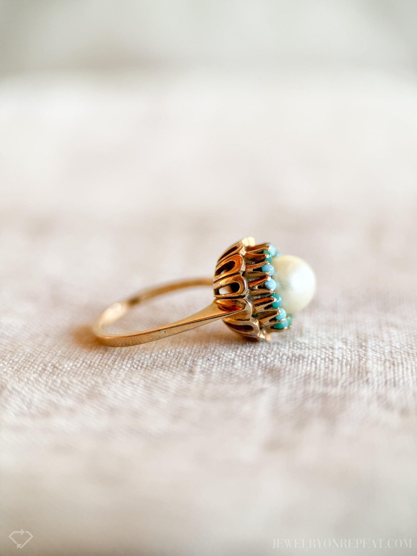 Vintage Pearl and Turquoise Halo Gemstone Ring in 18k Gold