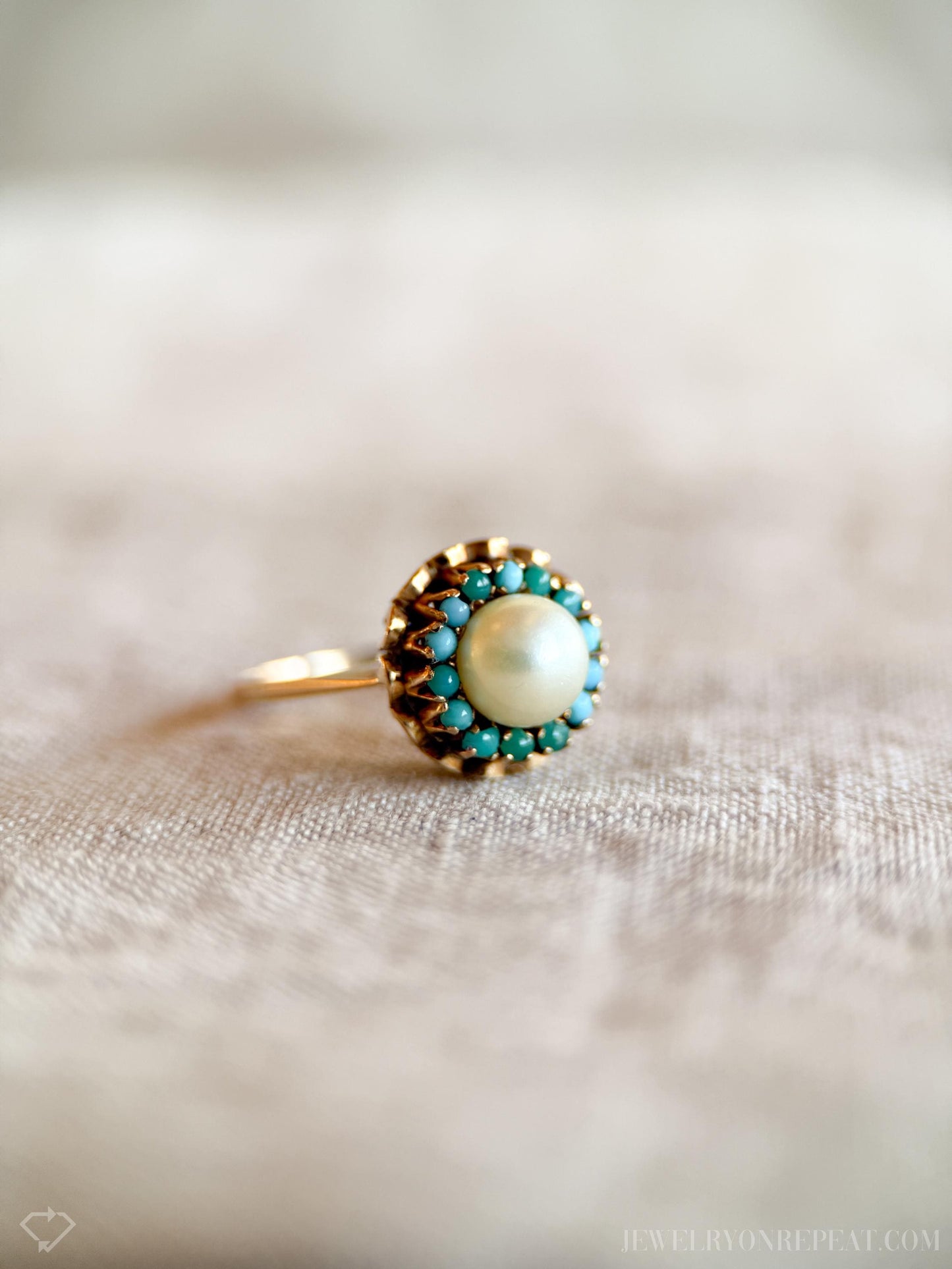 Vintage Pearl and Turquoise Halo Gemstone Ring in 18k Gold