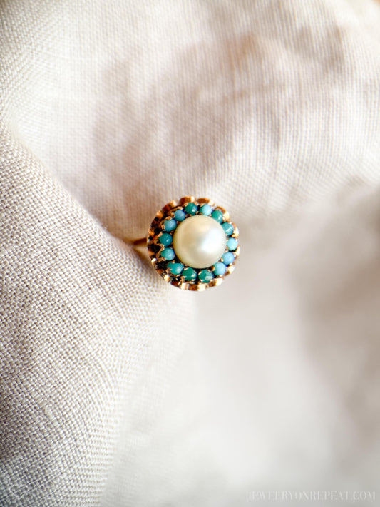 Vintage Pearl and Turquoise Halo Gemstone Ring in 18k Gold