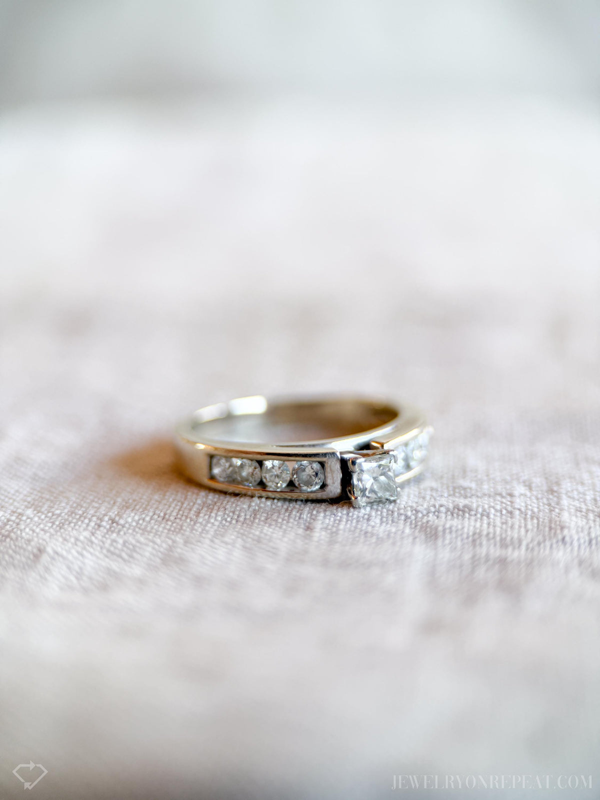 Vintage Diamond Engagement Ring, Princess Cut, 14k White Gold, 1990s Channel Set Cathedral
