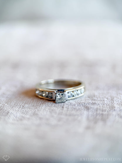 Vintage Diamond Engagement Ring, Princess Cut, 14k White Gold, 1990s Channel Set Cathedral