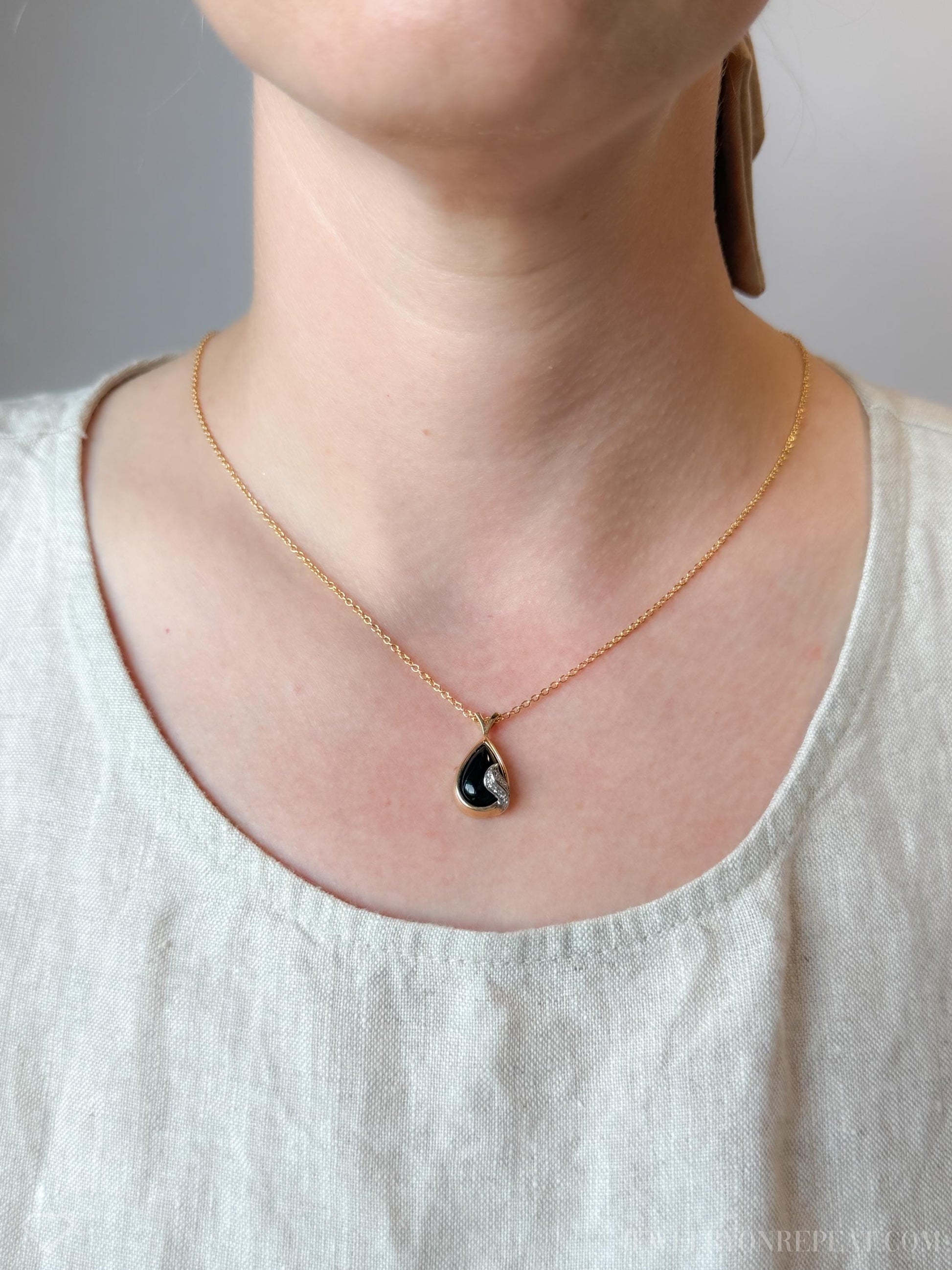 Vintage Onyx and Diamond Pendant in 14k Gold