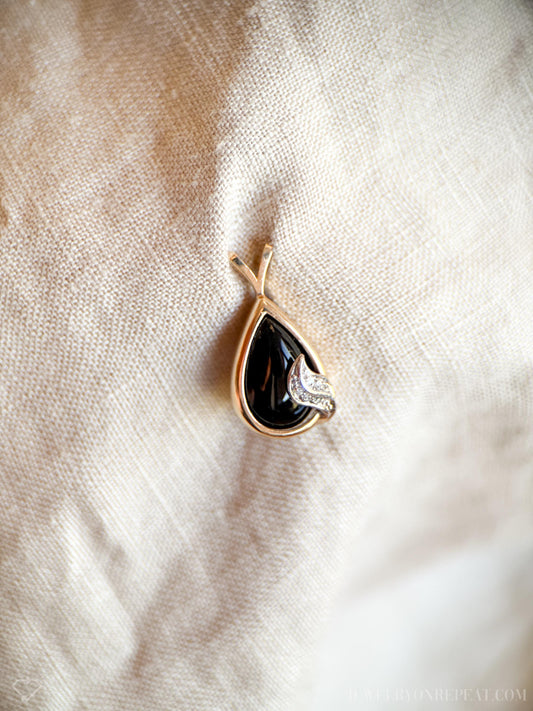 Vintage Onyx and Diamond Pendant in 14k Gold