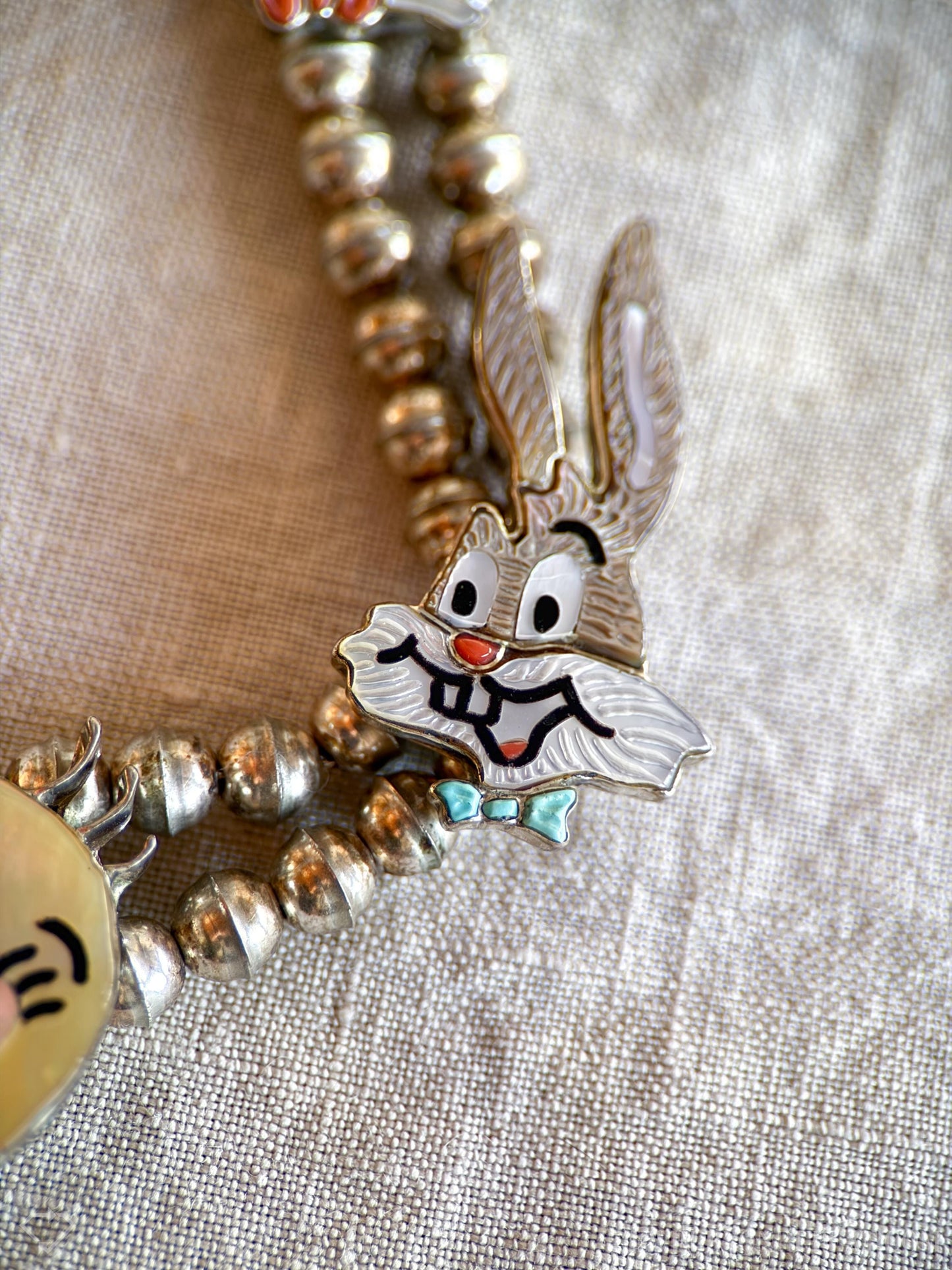 Rare Cartoon Inlaid Gemstone Necklace in 925 Sterling Silver, Vintage Zunitoon from the 1970s