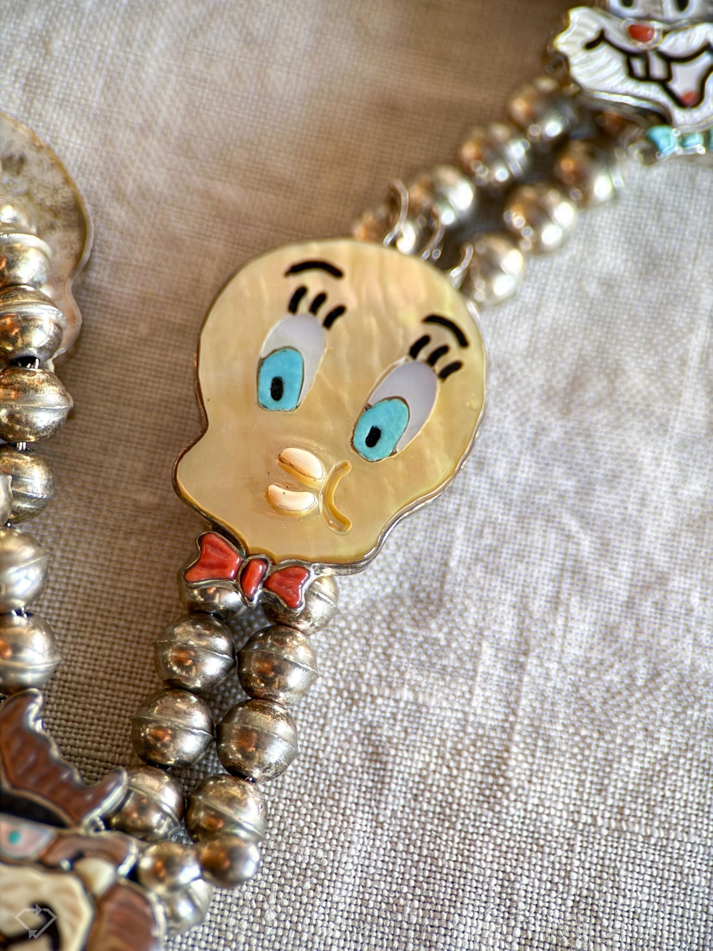 Rare Cartoon Inlaid Gemstone Necklace in 925 Sterling Silver, Vintage Zunitoon from the 1970s