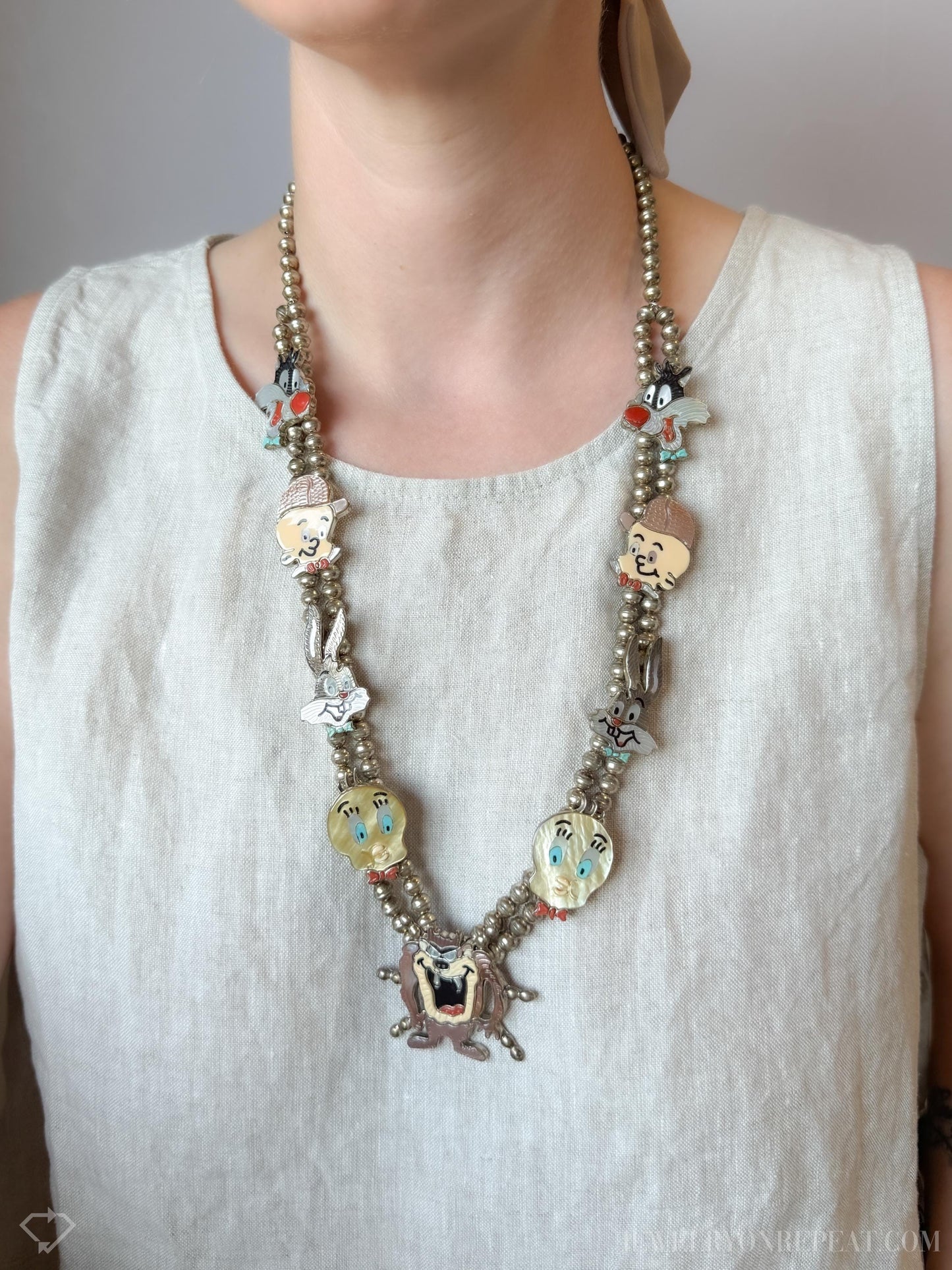 Rare Cartoon Inlaid Gemstone Necklace in 925 Sterling Silver, Vintage Zunitoon from the 1970s