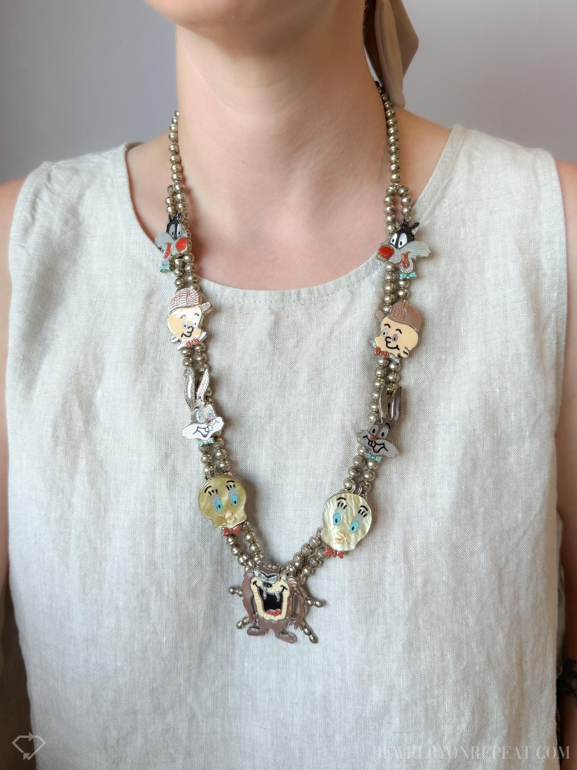 Rare Cartoon Inlaid Gemstone Necklace in 925 Sterling Silver, Vintage Zunitoon from the 1970s