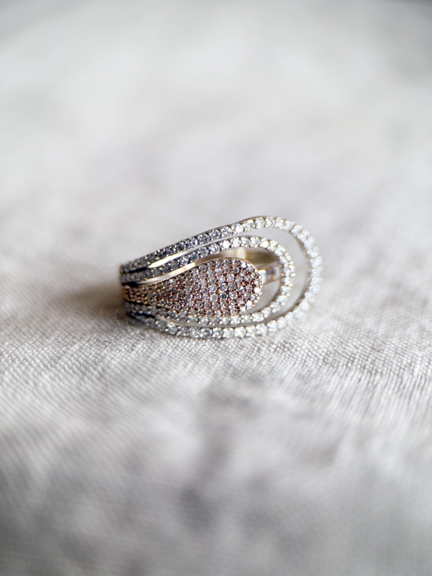 Vintage Diamond Ring, 14k White Gold, Asymmetrical Pave Statement Band, Elegant Anniversary Jewelry