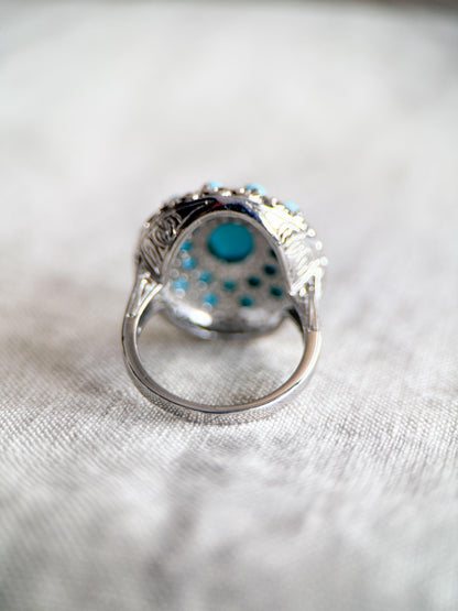 Vintage Turquoise Sterling Silver Cluster Ring, Boho Sunburst Statement Jewelry