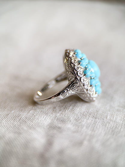 Vintage Turquoise Sterling Silver Cluster Ring, Boho Sunburst Statement Jewelry