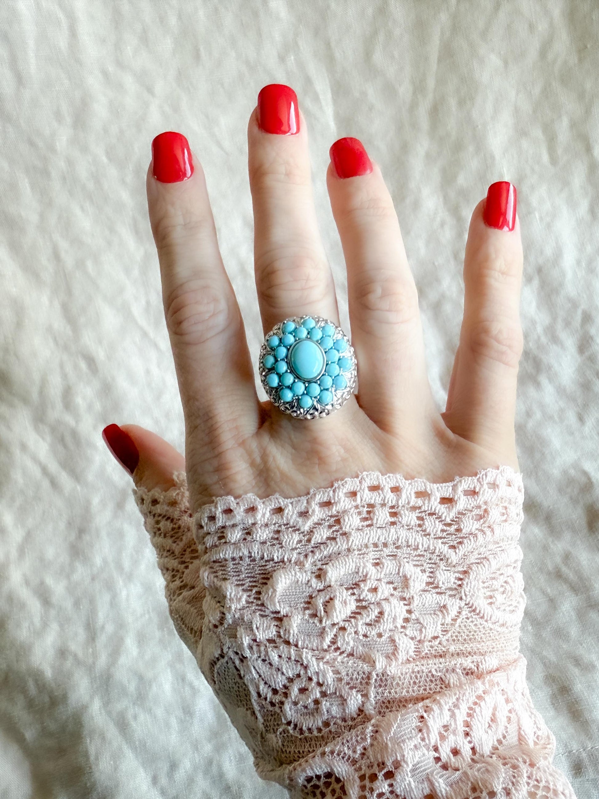 Vintage Turquoise Sterling Silver Cluster Ring, Boho Sunburst Statement Jewelry