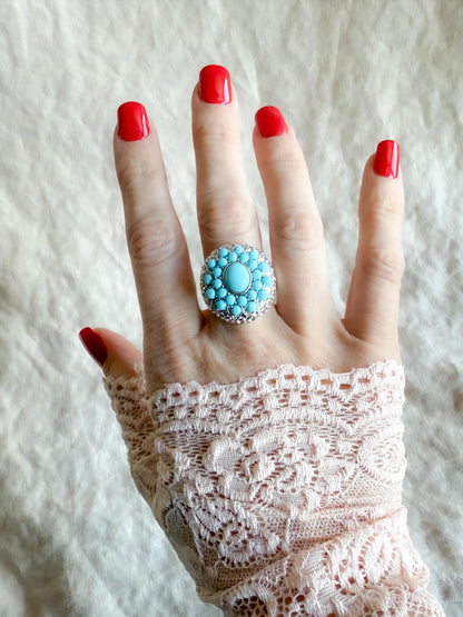 Vintage Turquoise Sterling Silver Cluster Ring, Boho Sunburst Statement Jewelry