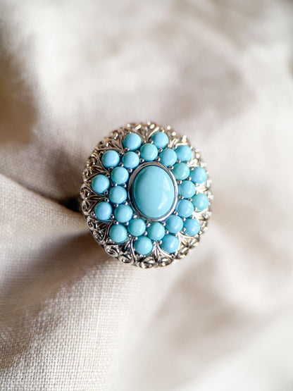 Vintage Turquoise Sterling Silver Cluster Ring, Boho Sunburst Statement Jewelry