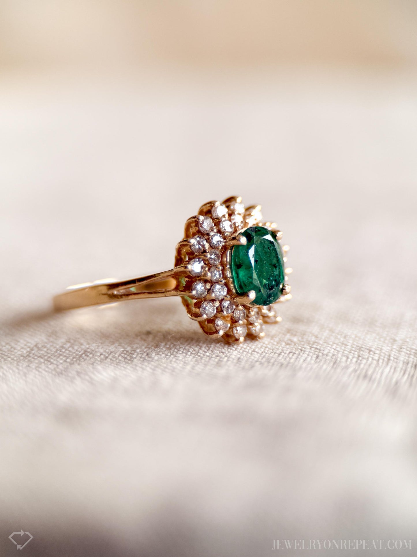 Vintage Emerald and Diamond Halo Ring in 14k Gold, Retro Jewelry from the 1990s - Timeless, Sustainable, @JewelryOnRepeat