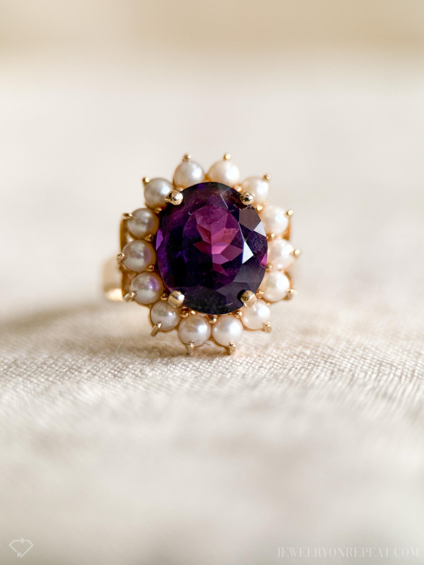 Vintage Purple Amethyst Pearl Halo Gemstone Ring in 14k Gold, Antique Jewelry from the 1970s - Timeless, Sustainable, @JewelryOnRepeat