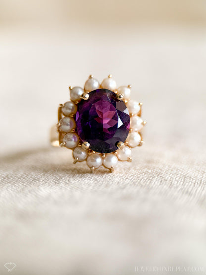 Vintage 1970s Amethyst & Pearl Halo Ring in 14k Gold