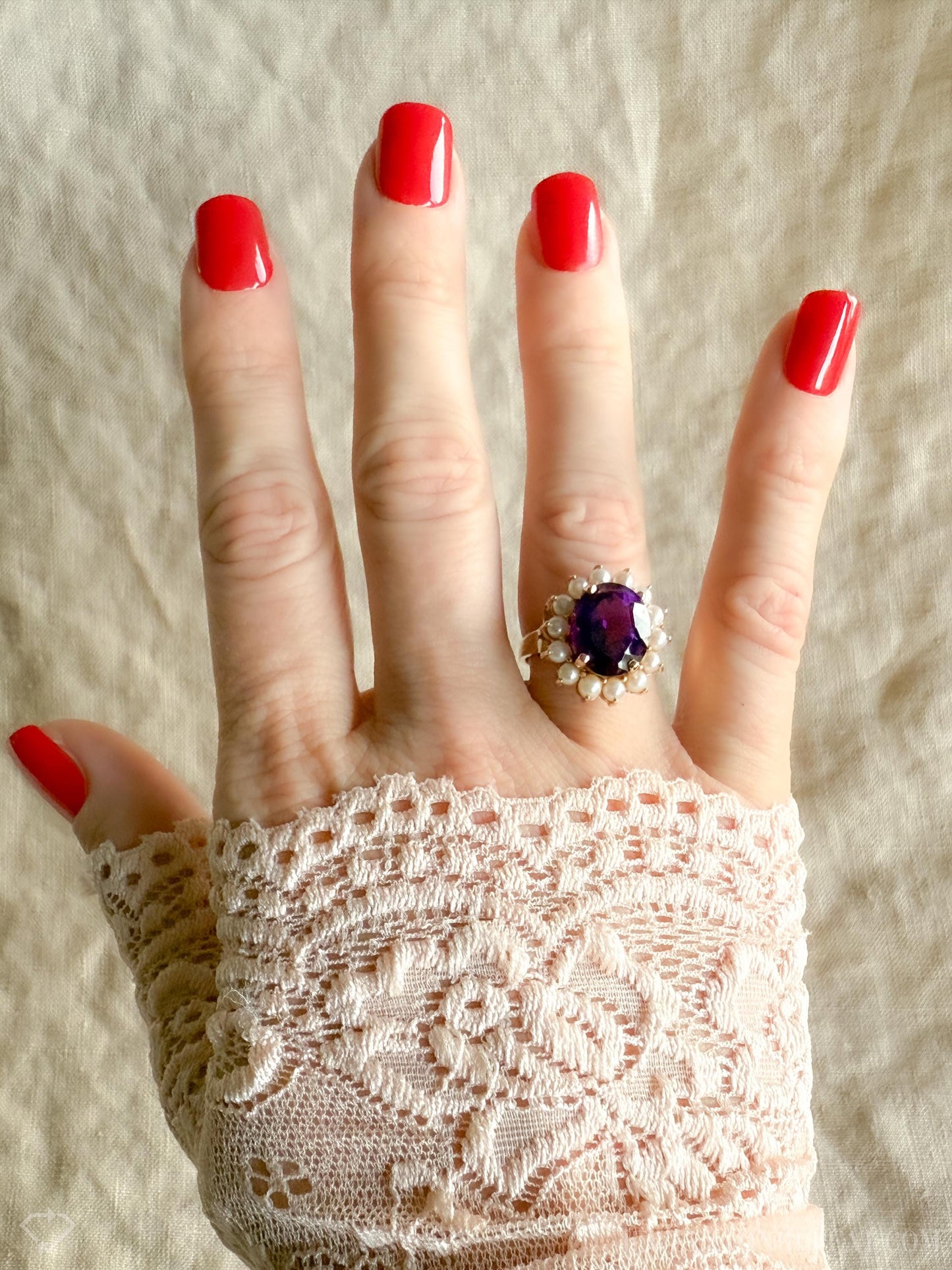 Vintage Purple Amethyst Pearl Halo Gemstone Ring in 14k Gold, Antique Jewelry from the 1970s - Timeless, Sustainable, @JewelryOnRepeat