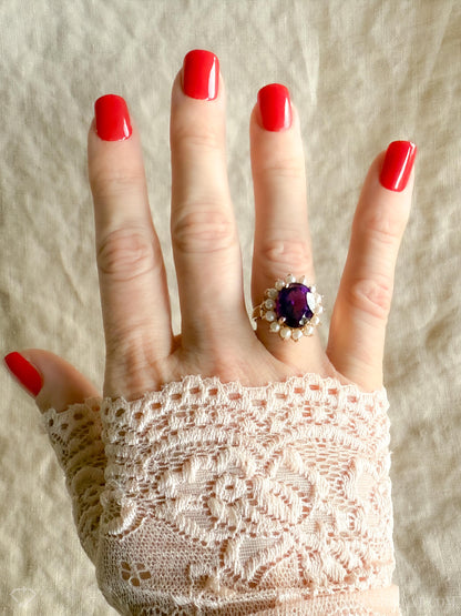 Vintage 1970s Amethyst & Pearl Halo Ring in 14k Gold