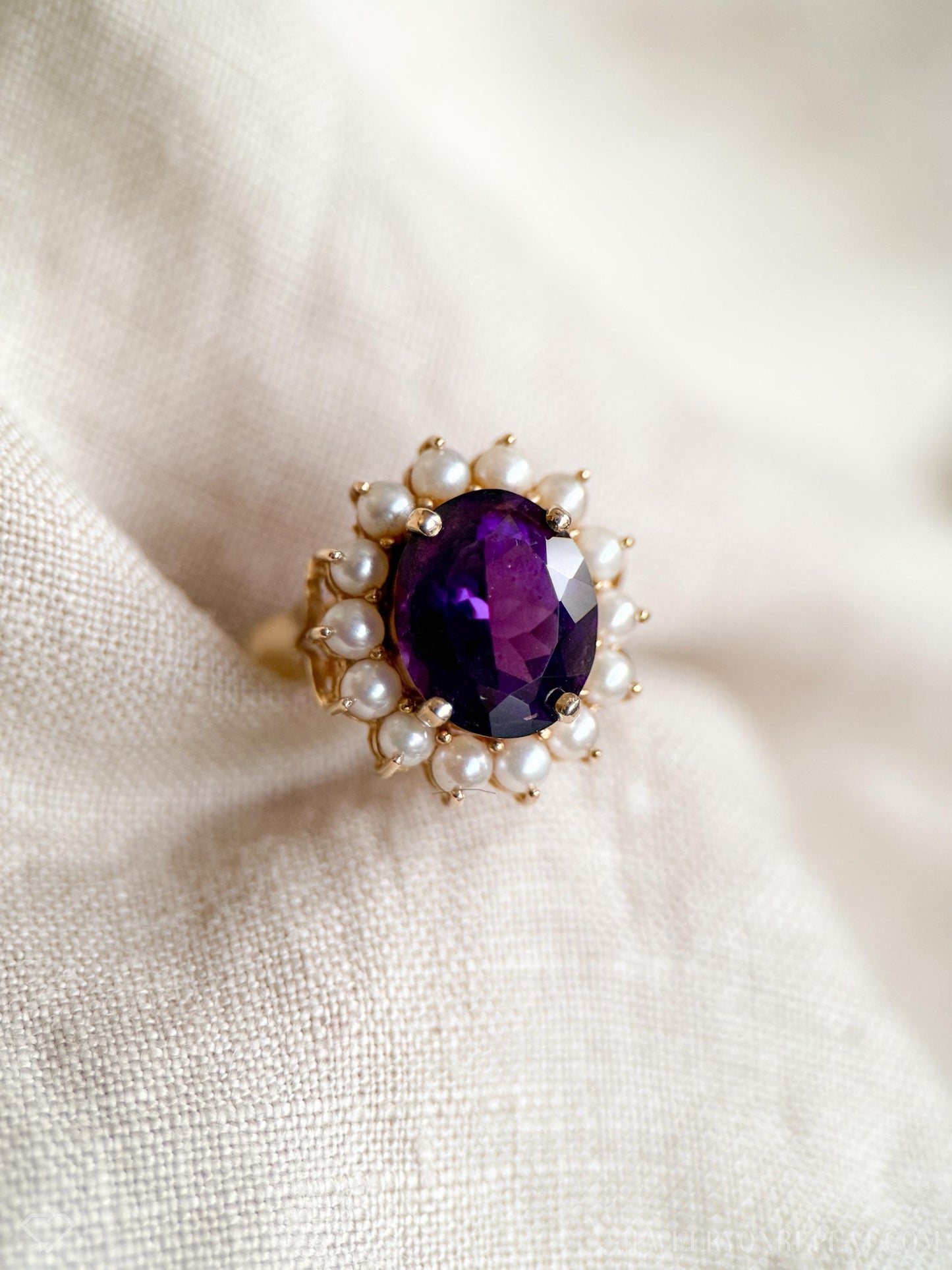 Vintage Purple Amethyst Pearl Halo Gemstone Ring in 14k Gold, Antique Jewelry from the 1970s - Timeless, Sustainable, @JewelryOnRepeat