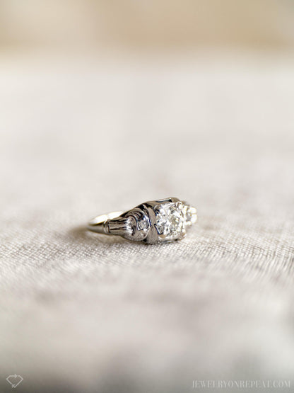 Antique Diamond Engagement Ring, Old Mine Cut, 14k White Gold, 1900s Art Deco Bridal