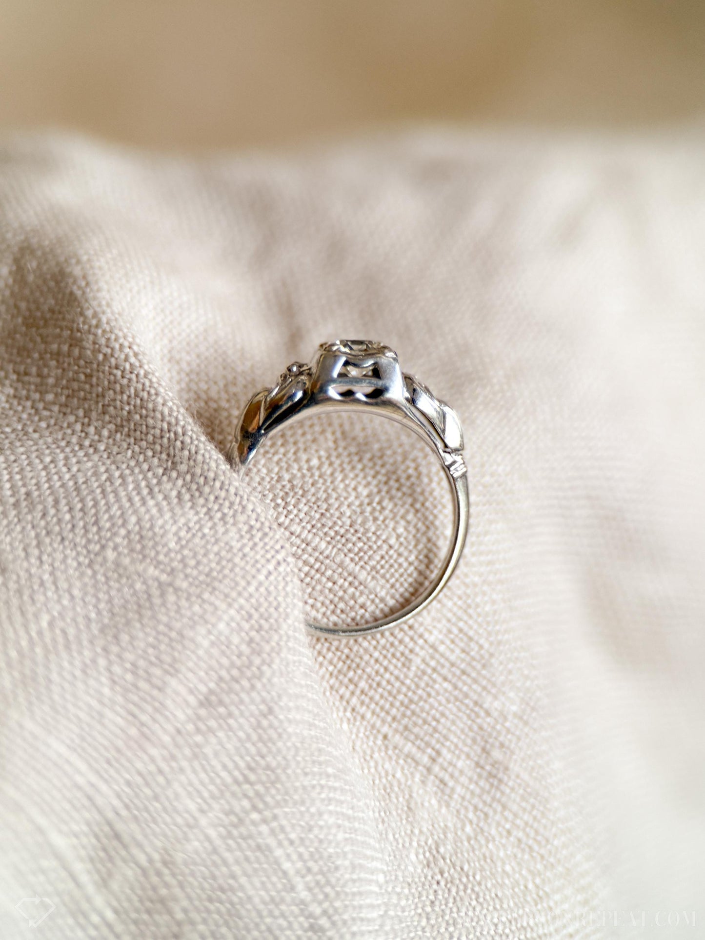 Antique Diamond Engagement Ring, Old Mine Cut, 14k White Gold, 1900s Art Deco Bridal