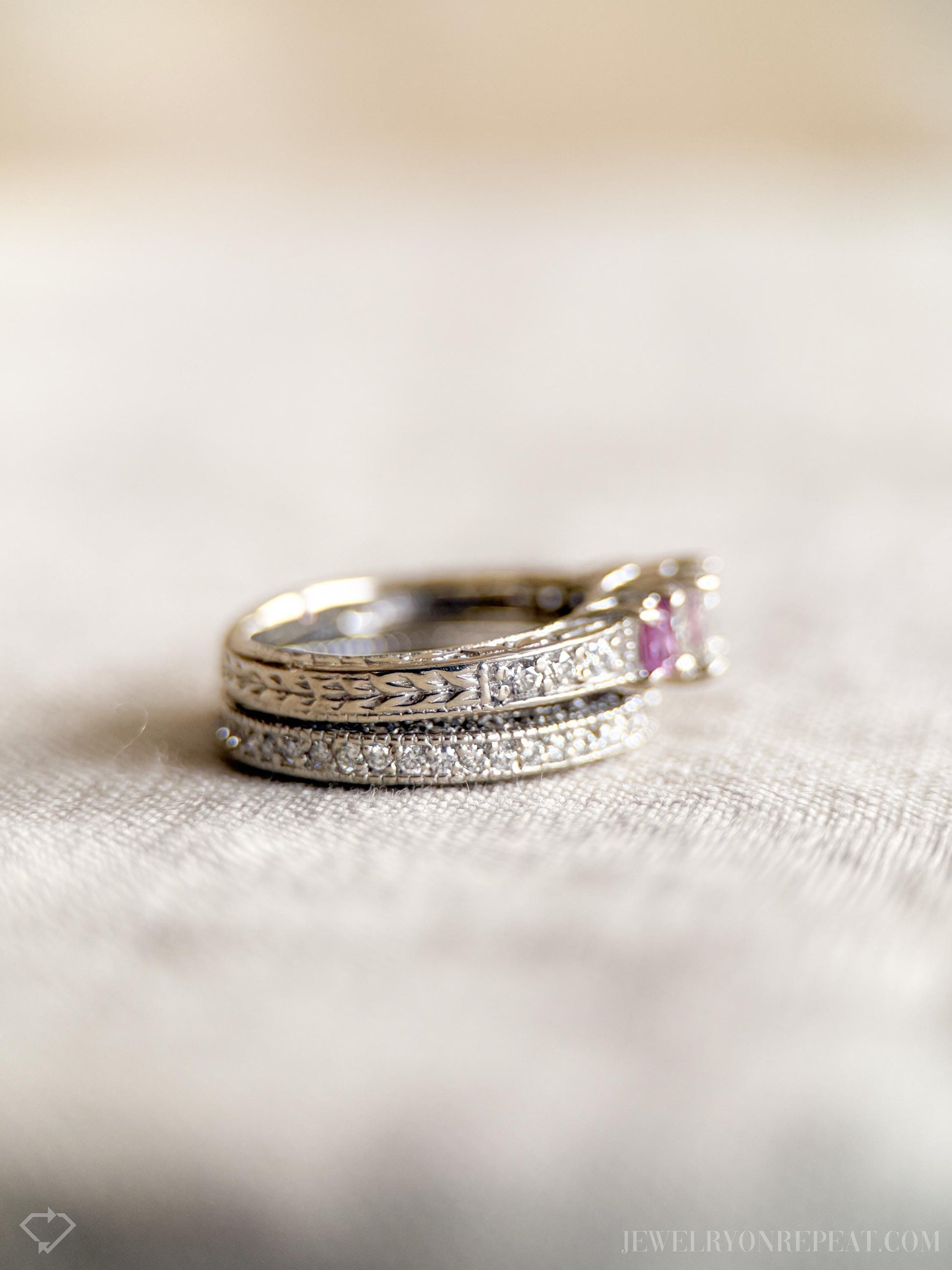 Vintage Diamond & Pink Sapphire Engagement Ring, Princess Cut, 14k White Gold, Filigree Bridal Set