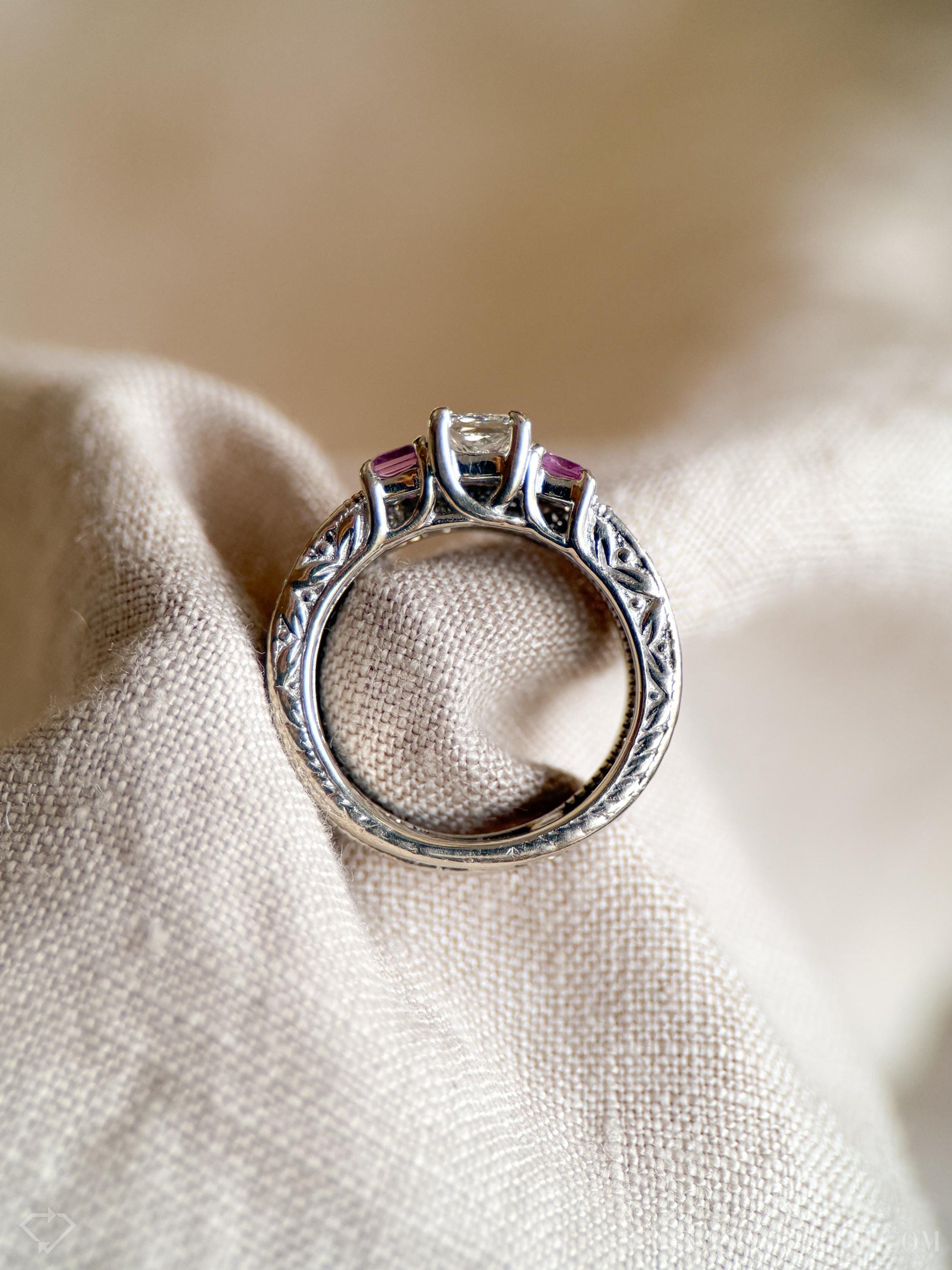 Vintage Diamond & Pink Sapphire Engagement Ring, Princess Cut, 14k White Gold, Filigree Bridal Set