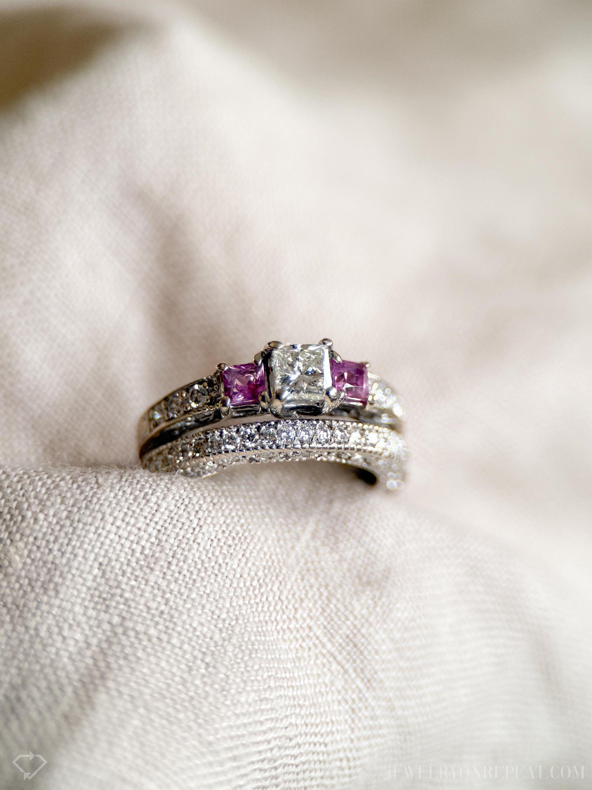 Vintage Diamond & Pink Sapphire Engagement Ring, Princess Cut, 14k White Gold, Filigree Bridal Set