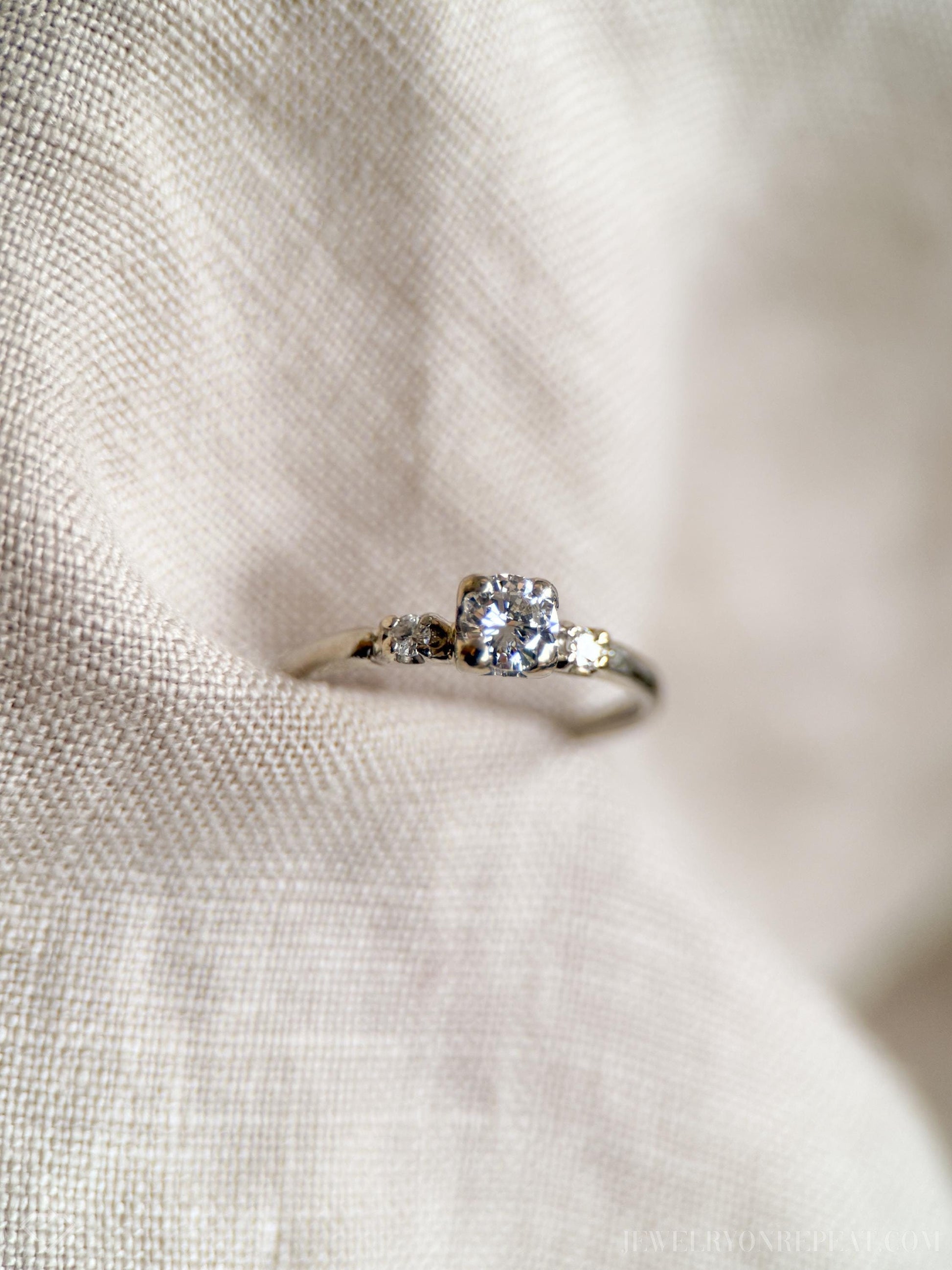 Vintage Diamond Three Stone Engagement Ring in 14k White Gold, Antique Jewelry from the 1950s - Timeless, Sustainable, @JewelryOnRepeat