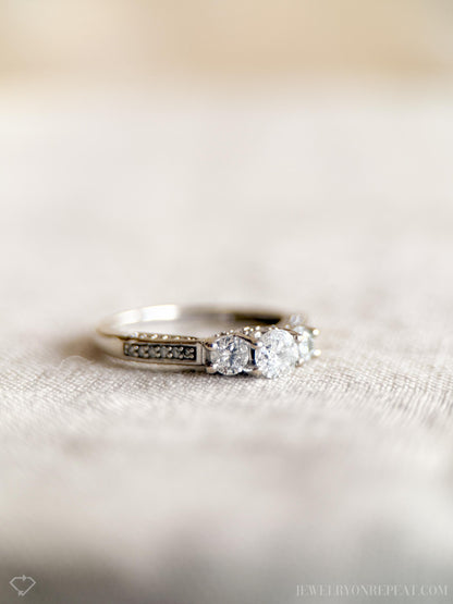 Vintage 1990s Three Stone Diamond Engagement Ring, 14k White Gold