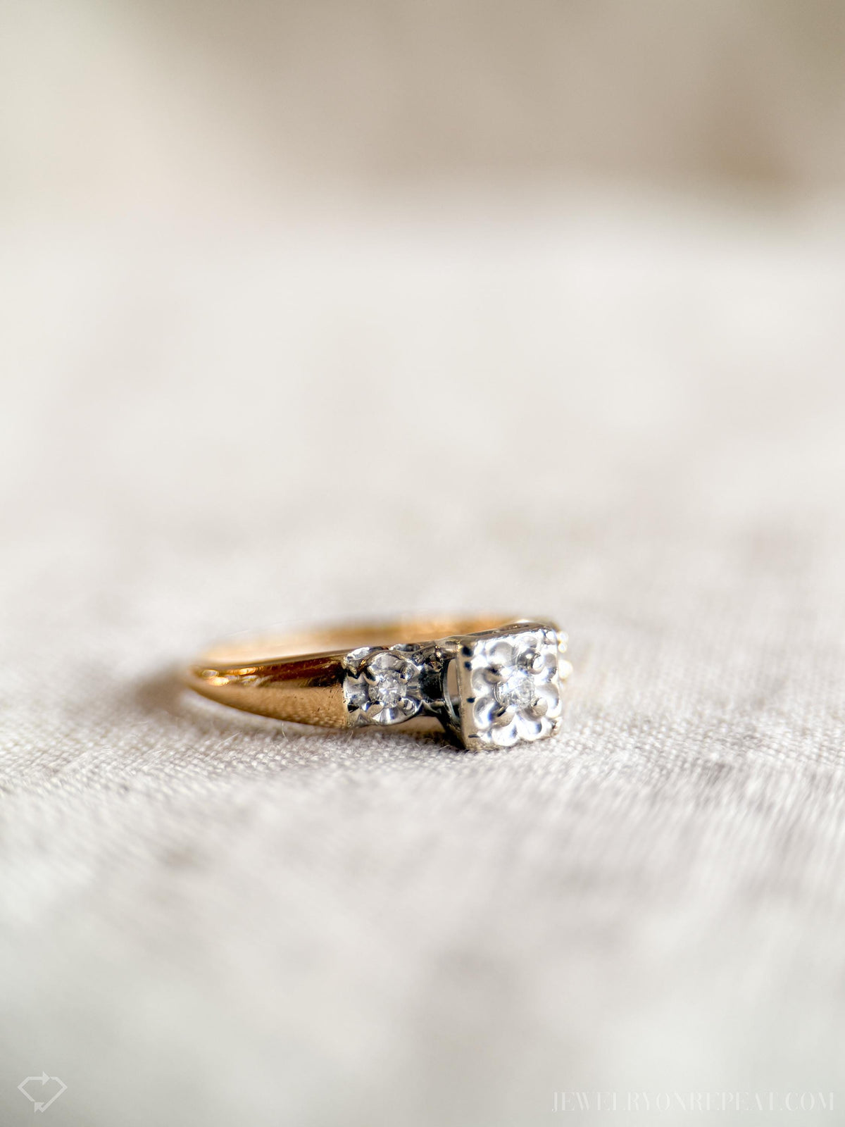 Vintage Diamond Engagement Ring, Round Cut, 14k Gold, 1950s Art Deco Bridal Ring