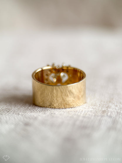 Vintage Diamond Engagement Ring, Round Cut, 14k Gold, Heart Halo Cigar Band Bridal Ring