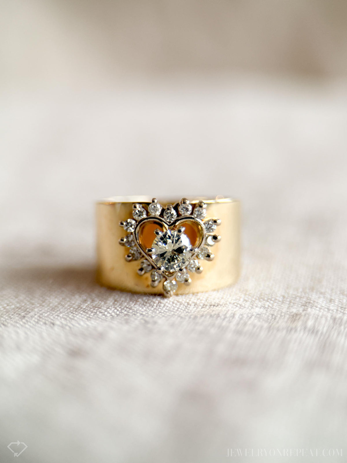 Vintage Diamond Engagement Ring, Round Cut, 14k Gold, Heart Halo Cigar Band Bridal Ring