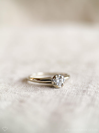 Vintage Diamond Engagement Ring, Round Cut, 14k White Gold, 1950s Art Deco Solitaire