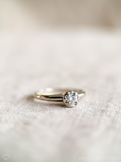 Vintage Diamond Engagement Ring, Round Cut, 14k White Gold, 1950s Art Deco Solitaire