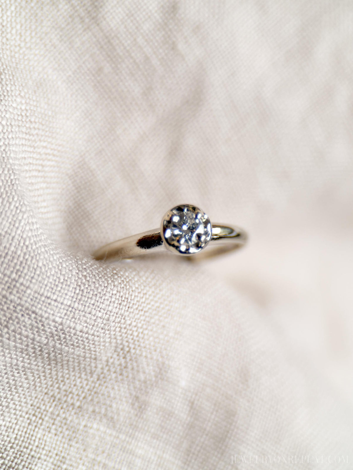 Vintage Diamond Engagement Ring, Round Cut, 14k White Gold, 1950s Art Deco Solitaire